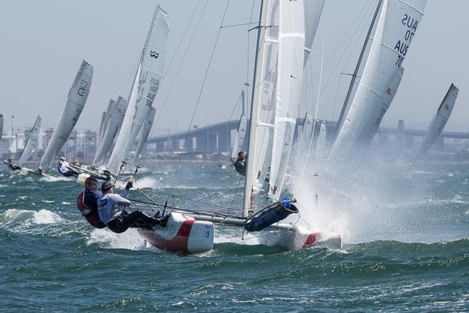 Part of the fleet heading into the windward mark for the first time at the start of the day’s racing. - Pinkster Gin 2017 F18 Australian Championship ©  Alex McKinnon Photography http://www.alexmckinnonphotography.com